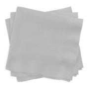 High-quality shimmering silver paper beverage napkins, 10" x 10", durable and absorbent, adding a touch of luxury to any drink service.
