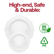 High-quality solid white round plastic appetizer plates, 7.5-inch diameter, food-safe, durable, and BPA-free
