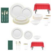 Ho Ho Haute Set styled with gold pearl dinnerware and bold red linens for a chic holiday vibe.