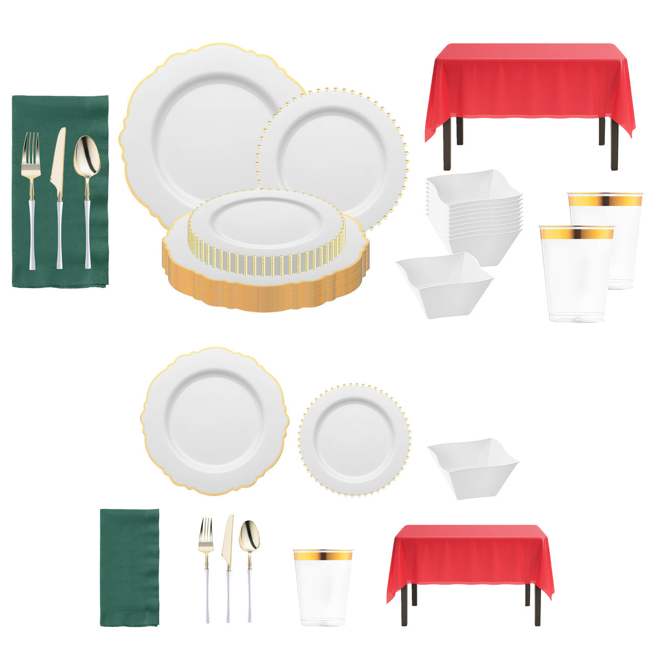 Ho Ho Haute Set styled with gold pearl dinnerware and bold red linens for a chic holiday vibe.