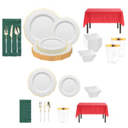 Ho Ho Haute Set styled with gold pearl dinnerware and bold red linens for a chic holiday vibe.