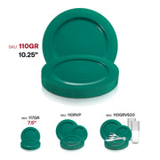 Holiday-themed solid green round disposable dinner plates, made of plastic