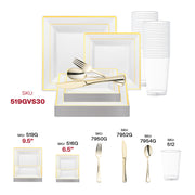 Host a chic reception accented by the White with Gold Square Edge Rim Plastic Wedding Value Set and luxurious gold details.