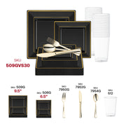 Host a luxurious reception with the Black with Gold Square Edge Rim Plastic Wedding Value Set, showcasing stunning gold details.