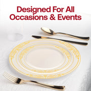 Host a luxurious reception with the Ivory with Gold Harmony Rim Plastic Wedding Set for a classic and graceful look