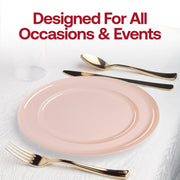 Host a sophisticated and unforgettable event with the Pink Flat Round Disposable Plastic Wedding Value Set, perfect for weddings, banquets, and upscale dinners