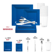 Host a vibrant and upscale reception with the Midnight Blue Square Plastic Wedding Value Set accented by silver cutlery.