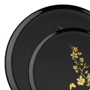 Host formal dinners with black and gold floral plates styled for wedding receptions and elegant events