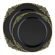 Host glamorous events effortlessly with the Black with Gold Fancy Round Disposable Plate Set, designed for elegant dining