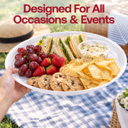 Huge 16" white disposable serving platters with fresh fruit and artisan bread, perfect for large-scale buffet stations and breakfast catering