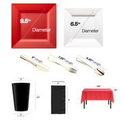 Ideal for tailgates, this set pairs black tumblers and red plates to match your team's colors.