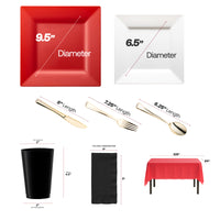 Ideal for tailgates, this set pairs black tumblers and red plates to match your team's colors.