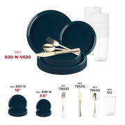 Impress your guests at your next formal gathering with the Navy Flat Round Disposable Plastic Wedding Value Set, designed to complement your event's elegant décor