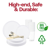 Impress your guests with a clean and refined table setting using the White Flat Round Disposable Plastic Wedding Value Set, designed for unforgettable weddings