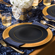 Impress your guests with the Black with Gold Rim Organic Round Disposable Plastic Wedding Value Set, a sophisticated addition to upscale events and chic celebrations