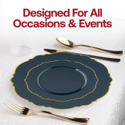 Impress your guests with the Navy with Gold Rim Round Blossom Disposable Plastic Wedding Value Set, an elegant choice for formal dinners and special events