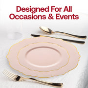 Impress your guests with the Pink with Gold Rim Round Blossom Disposable Plastic Wedding Value Set with gold cutlery, a stunning choice for upscale events and special occasions