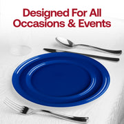 Impress your guests with the Solid Blue Flat Round Disposable Plastic Wedding Value Set, designed for both casual and formal gatherings, ensuring sophistication and ease
