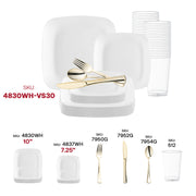 Impress your guests with the Solid White Flat Rounded Square Disposable Plastic Wedding Value Set with Gold Cutlery, perfect for adding elegance to upscale events, from weddings to formal gatherings.