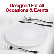 Impress your guests with the White with Silver Rim Organic Round Disposable Plastic Wedding Value Set, a beautiful way to bring elegance and class to any special occasion