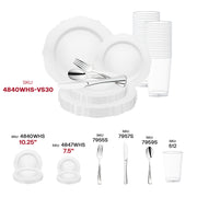 Impress your guests with the White with Silver Rim Round Blossom Disposable Plastic Wedding Value Set, an ideal choice for adding a touch of class to any formal event.
