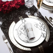 Impress your guests with the graceful design of the White with Silver Antique Floral Round Disposable Plastic Wedding Value Set, great for adding a touch of vintage elegance to your wedding