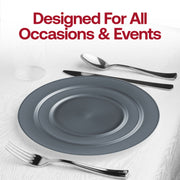 Impress your guests with the sleek and stylish Matte Charcoal Gray Round Disposable Plastic Wedding Value Set with Silver Cutlery, perfect for enhancing the dining experience at weddings, banquets, or other formal events