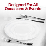 Impress your guests with the sophisticated style of the Clear with Silver Vintage Rim Round Disposable Plastic Wedding Value Set, ideal for upscale weddings, banquets, and elegant events