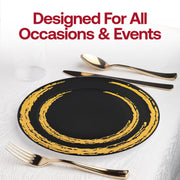 Impress your guests with the stunning beauty of the Black with Gold Moonlight Round Disposable Plastic Wedding Value Set, a perfect addition to any elegant celebration