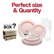 Includes 10-inch dinner plates, 7-inch appetizer plates, 7.25-inch forks, 8-inch knives, 6.25-inch spoons, and 4.5-inch cups.