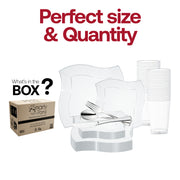 Includes 10-inch dinner plates, 7-inch appetizer plates, 7.25-inch forks, 8-inch knives, 6.25-inch spoons, and 4.5-inch cups