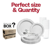 Includes 10.25-inch dinner plates, 7.5-inch appetizer plates, 7.25-inch forks, 8-inch knives, 6.25-inch spoons, and 4.5-inch cups—all part of the White with Silver Hammered Rim Round Plastic Wedding Value Set