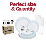 Includes 10.25-inch dinner plates, 7.5-inch appetizer plates, 7.25-inch forks, 8-inch knives, 6.25-inch spoons, and 4.5-inch cups—all part of the White with Turquoise Blue and Silver Mosaic Rim Round Plastic Wedding Value Set
