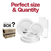 Includes 10.25-inch dinner plates, 7.5-inch appetizer plates, 7.25-inch forks, 8-inch knives, 6.25-inch spoons, and 4.5-inch cups for complete service