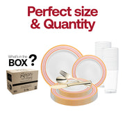 Includes 10.25-inch dinner plates, 7.5-inch appetizer plates, 7.25-inch forks, 8-inch knives, 6.25-inch spoons, and 4.5-inch cups in the White with Red and Gold Chord Rim Plastic Wedding Value Set