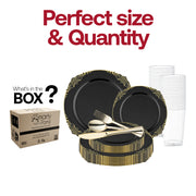 Includes 10.25" dinner and 7.5" appetizer plates, 4.5" cups, 8" knives, 7.25" forks, and 6.25" spoons for complete table setup