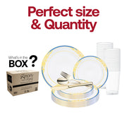 Includes 10.25” dinner plates, 7.5” appetizer plates, 7.25” forks, 8” knives, 6.25” spoons, and 4.5” cups