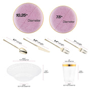 Includes 10.25" dinner plates, 7.5" salad plates, 3.75" cups, 8.8" knives, 8.1" spoons, 8.4" and 7" forks for full service.