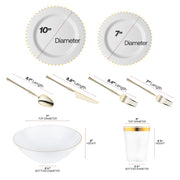 Includes 10" dinner and 7" appetizer plates, 3.75" cups, 8.8" knives, 8.1" spoons, 8.4" and 7" forks in gold finish.