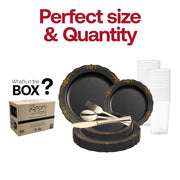 Includes 10” dinner plates, 7.5” appetizers, 7.25” forks, 8” knives, 6.25” spoons, and 4.5” cups in the set