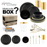 Includes 10" dinner plates, 7" appetizer plates, 3.75" cups, 7" bowls, 8.8" knives, 8.1" spoons, 7" and 8.4" gold forks