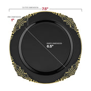 Includes 7.5" appetizer plates and 10.25" dinner plates from the Black with Gold Fancy Round Dinnerware Set