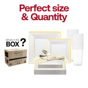 Includes 9.5” dinner plates, 6.5” appetizer plates, 7.25” forks, 8” knives, 6.25” spoons, and 4.5” cups