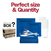 Includes a full set: 9.5-inch dinner plates, 6.5-inch appetizer plates, 7.25-inch forks, 8-inch knives, 6.25-inch spoons, and 4.5-inch cups