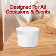 Individual 12 oz squat white paper soup cup with vented paper lid, leak-resistant disposable container for hot food and catering service.