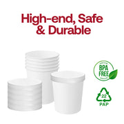 Individual 16 oz white paper food cup with vented lid, durable and leak-resistant disposable packaging for takeout and food delivery.