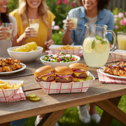 Individual 4 oz red plaid paper food tray filled with churros at a festival, classic checkered grease-resistant boat for street food.