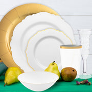 Indoor banquet setting using The To Have And To Hold Package, complete with gold-accented plates and burgundy linens.