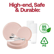 Infuse your celebration with a touch of elegance and vibrant color using the Pink Flat Round Disposable Plastic Wedding Value Set, ideal for stylish gatherings.