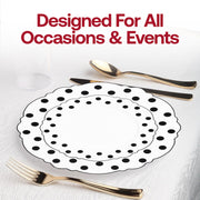 Infuse your event with a trendy and sophisticated air using the White with Black Dots Round Blossom Disposable Plastic Wedding Value Set, designed to leave a lasting impression at any occasion